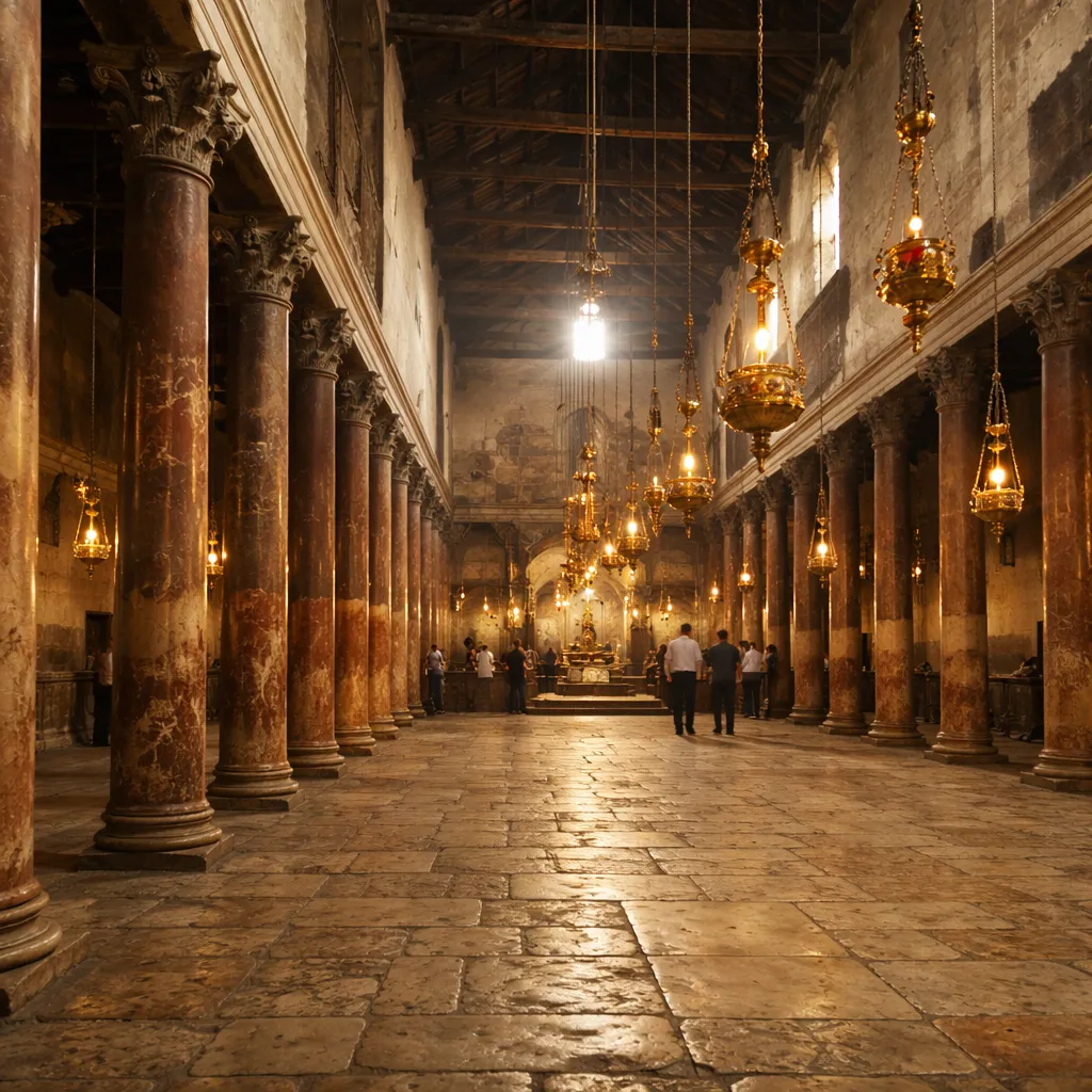Stained glass window depicting the nativity scene with Mary, Joseph, and the infant Jesus in a manger