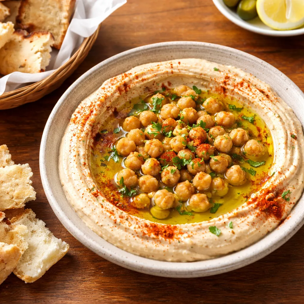 A plate of hummus and spreads on dark bread with fresh vegetables and coffee, a typical Israeli breakfast spread