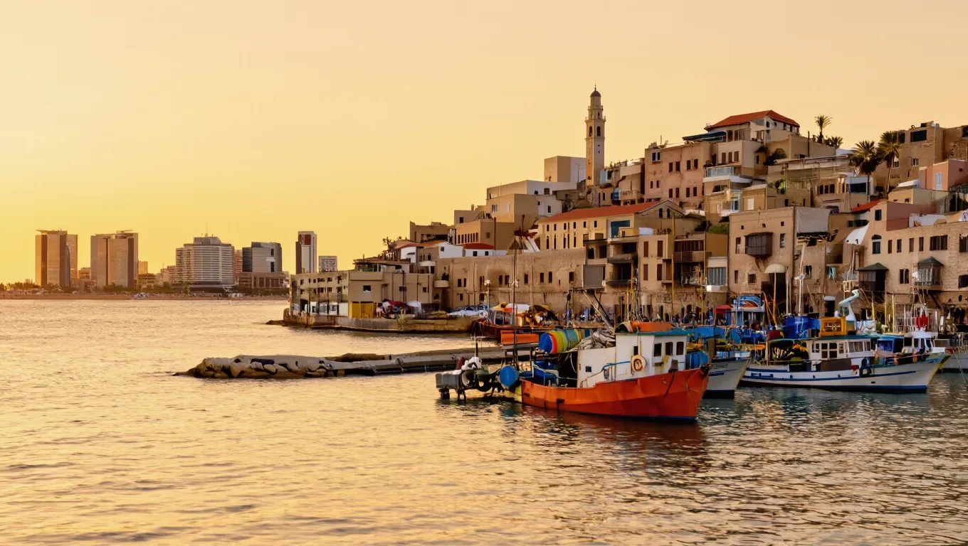 Puerto de la Jaffa antigua al atardecer con la torre del reloj otomana y el Mar Mediterraneo, con Tel Aviv al fondo