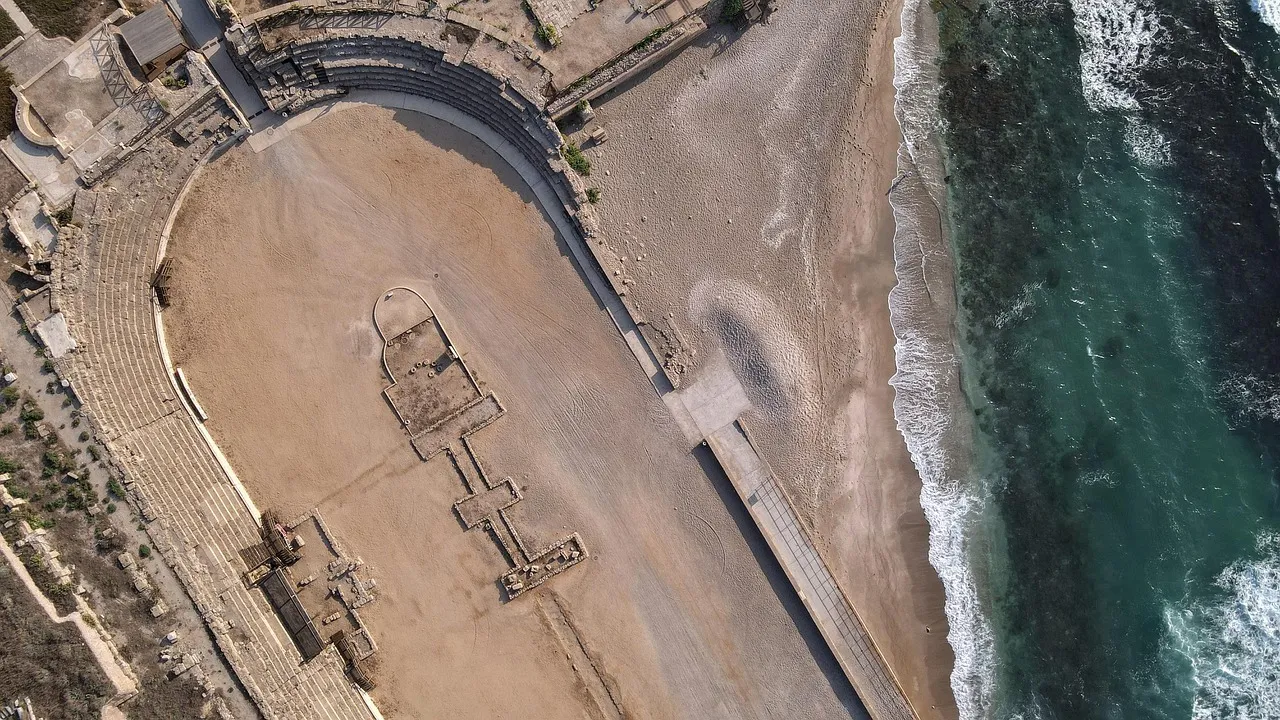 Roman theater at Caesarea Maritima with the Mediterranean Sea in the background, built by Herod the Great in the 1st century BCE