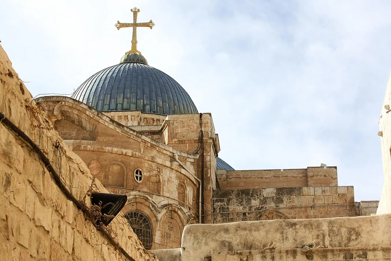 The rotunda and edicule of the Church of the Holy Sepulchre in Jerusalem, photographed from the upper gallery