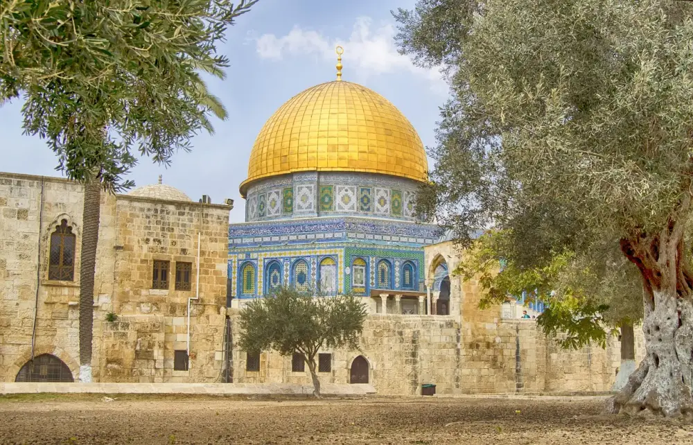 Jerusalem Old City and Dome of the Rock viewed from the Mount of Olives panoramic promenade at sunrise