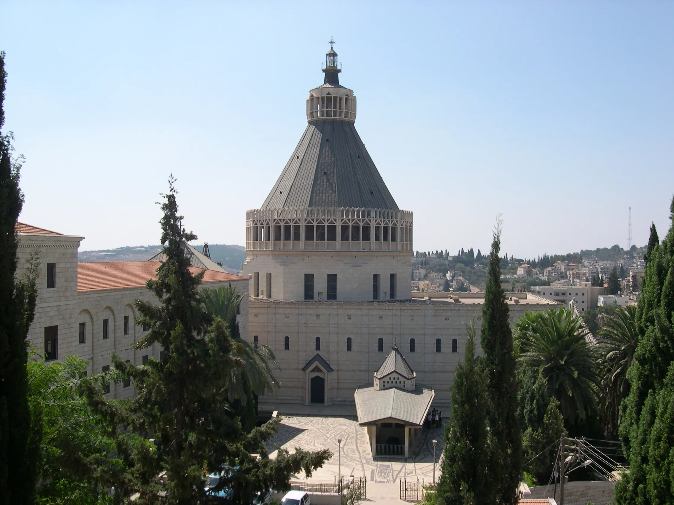 Exterior of the Basilica of the Annunciation in Nazareth showing the conical lantern dome above the Grotto
